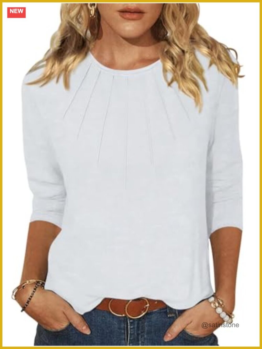 Women's 3/4 Sleeve Pleated Crewneck Tunic Tops Casual Fall Tee